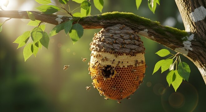 Wild honeycomb nest hanging from branch with bees in sunlight