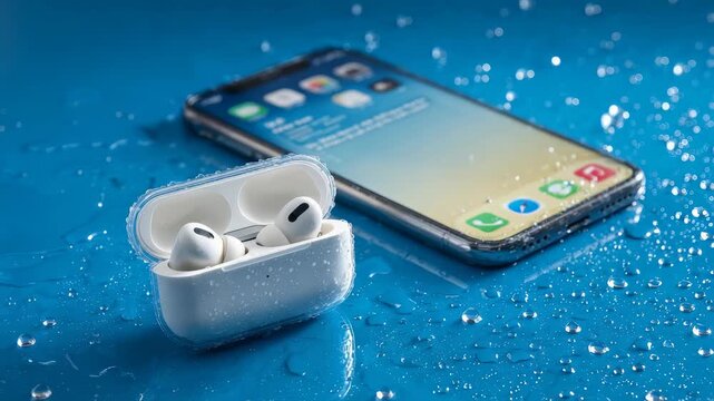 A pair of white wireless earbuds in an open charging case is placed next to a smartphone on a blue surface covered with water drops. The image emphasizes durability and smart connectivity