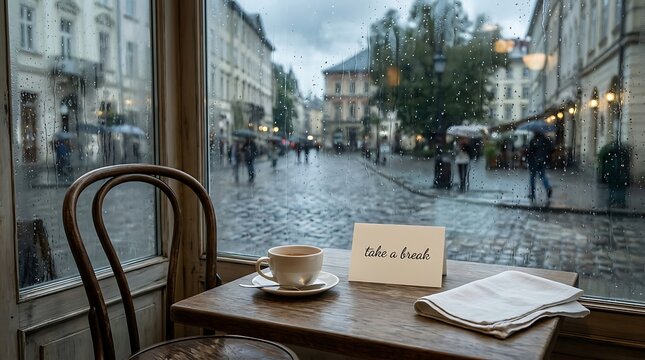 A cup of coffee on a wooden table by a rainy window with a note that says take a 15 minite break for a moment of quiet reflection in a cafe setting