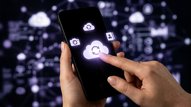 Close up of female hands using a mobile phone to backup photos and contacts to the cloud server with blue abstract data network background