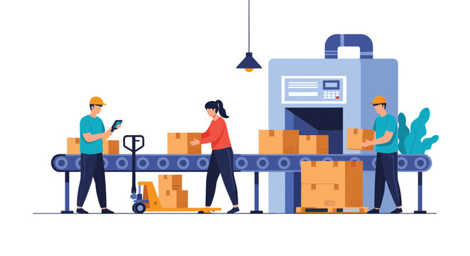 Team of warehouse workers managing cardboard boxes on a conveyor belt system in a modern packaging and logistics facility.