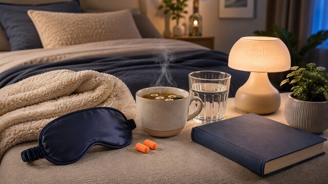 Hot chamomile tea with sleeping mask and earplugs on bedside for restful night. Cozy bedroom setting with lamp and book. Concept of healthy bedtime routine for good sleep hygiene