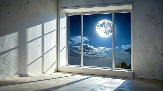 Full moon shining through a large window into an empty modern room