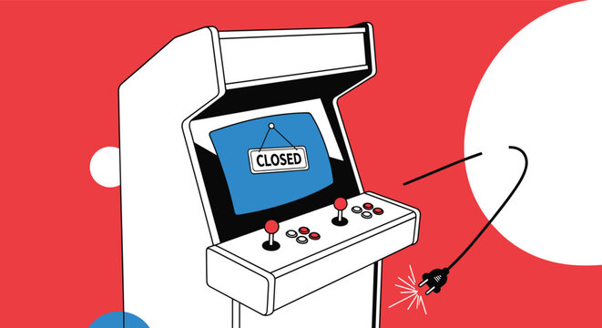 Retro arcade game cabinet with a closed sign on the screen and an unplugged power cord on a red background.