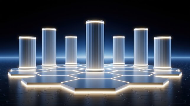 Neon Hexagonal Platform: Illuminated Cylinders in Sci-Fi 3D Grid with Glowing Edges and Futuristic Geometric Patterns