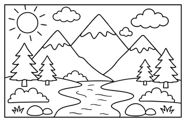 Fototapeta premium Mountain landscape coloring page featuring snow capped peaks trees river sun and clouds for kids