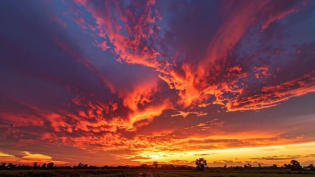 Vibrant orange sunset clouds over a dark rural landscape