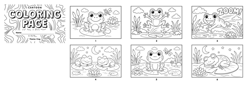 A black-and-white cartoon scenes of cheerful frogs jumping, resting on lily pads, and sleeping in a pond environment.