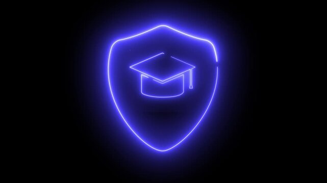 Neon light effect animation of a shield icon with a graduation cap centered inside. It symbolizes protection, education, and academic achievement.