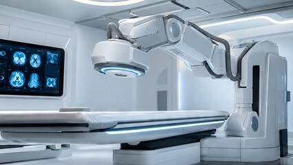 Obraz premium Modern medical imaging scanner in clinical room. Advanced diagnostic equipment for oncology and neurology. Robotic machine for tumor radiotherapy treatment or brain magnetic resonance imaging