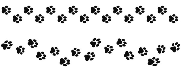 Pets paw and footprints walking paw prints pattern, Paw prints and pet footprints on black background for textile and wallpaper, paw, print, animal, dog, cat, track, footprint, pattern, seamless, foot © Pushpa