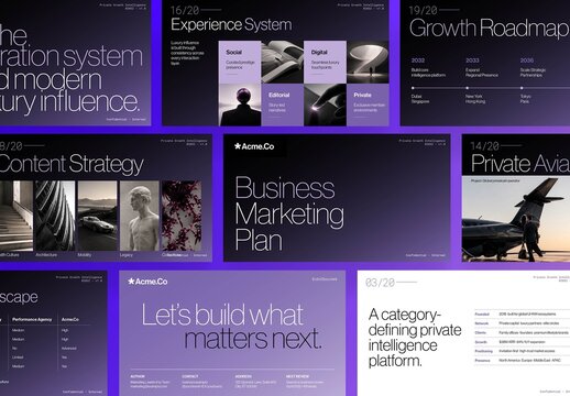 Minimal Business Marketing Plan Presentation Template, Minimalist Pitch Deck, Strategy Report & Slide Deck Layout in Purple Hues