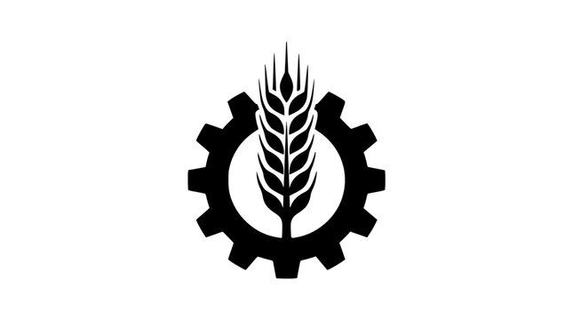 Clean black and white vector icon of a wheat ear and gear, symbolizing agricultural industry, modern farming technology, and efficient food production