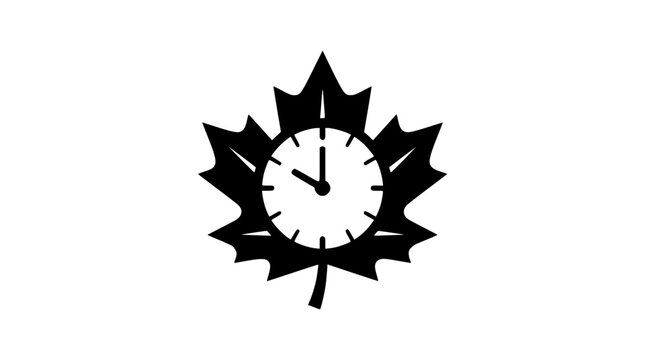Abstract vector icon merging a distinct maple leaf silhouette with an integrated clock face, subtly conveying themes of Canadian time, autumnal scheduling, natural cycles, and timely progress