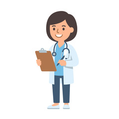 Fototapeta premium Smiling female doctor holding clipboard and stethoscope