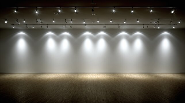 Rows of ceiling mounted spotlights illuminate the blank interior wall of an empty exhibition space