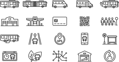 Collection of black and white vector line icons representing public transportation systems and urban bus travel © Septarim