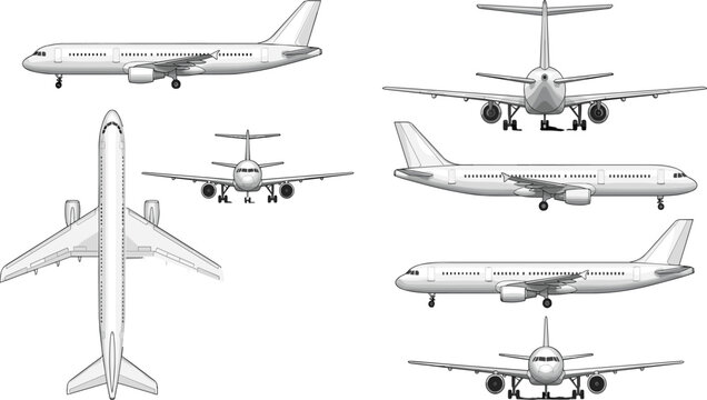 Commercial Airplane Technical Drawing Set &ndash; Side, Front, Top and Rear View Aircraft Blueprint Clipart Collection