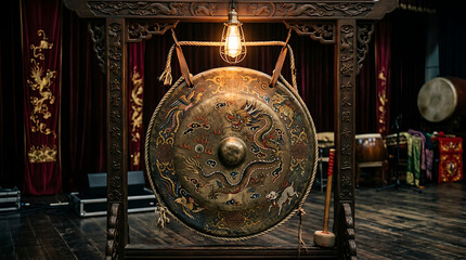 Fototapeta premium An ornate traditional gong with dragon motifs, displayed in a wooden frame under warm lighting