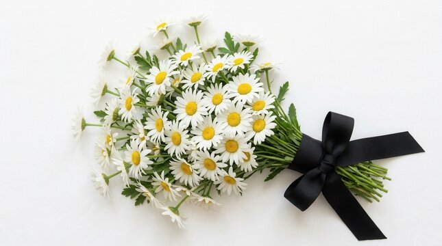 Chrysanthemum Flowers and Black Ribbon on White Background - Funeral Symbols with Beautiful