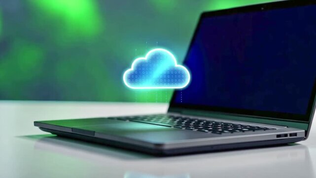 Cloud Computing on Laptop: A modern laptop displays a glowing blue cloud icon, symbolizing the power and accessibility of cloud computing services, set against a soft green, bokeh background.