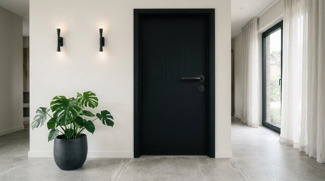 Close-up of modern black armored apartment door with ajar metal handle and ajar. Close up