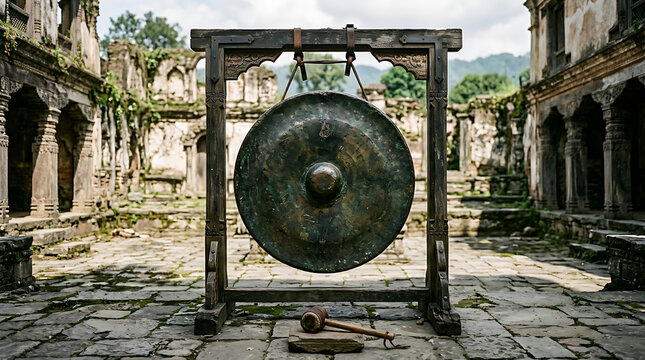 Large antique bronze gong suspended from a weathered wooden frame in an ancient stone courtyard, inviting resonant sounds