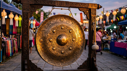 Naklejka premium Ornate Bronze Gong with Intricate Carvings Hung in Traditional Wooden Frame Outdoors During Festival