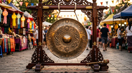 Naklejka premium Ornate Bronze Gong Displayed in Traditional Wooden Frame at Outdoor Festival Event