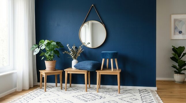 Cozy Interior Setting with Elegant Armchair, Stylish Table, and Reflective Mirror Beautiful comfortable table