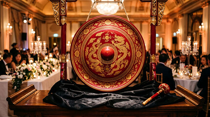 Fototapeta premium Ornate Red and Gold Gong Featuring Dragon Motifs Suspended in a Grand Interior Setting