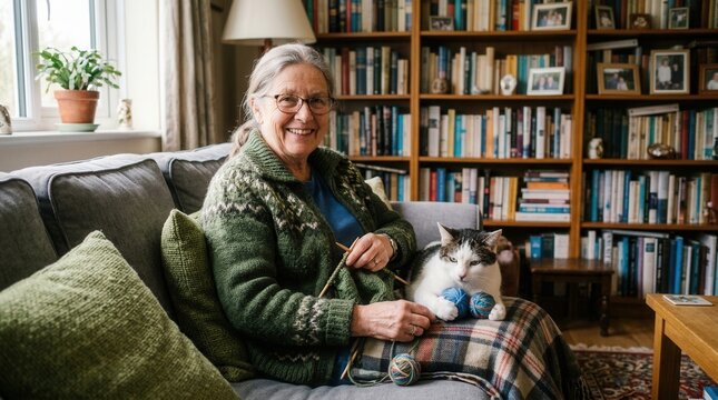 Elderly woman knitting with adorable cat, relaxing at home in cozy setting. Senior cute cat and needles
