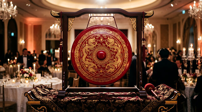Ornate red and gold ceremonial gong with intricate dragon detailing, displayed for traditional Asian cultural event