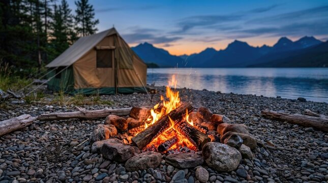 Cozy tent by lake at sunset with campfire and mountain view