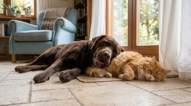 Fluffy friends: Cat and dog together on indoor floor. floor indoors