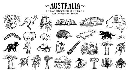 Fototapeta premium Hand drawn australia vector collection with animals, landmarks and plants