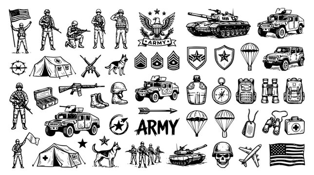 Army military equipment and soldiers set