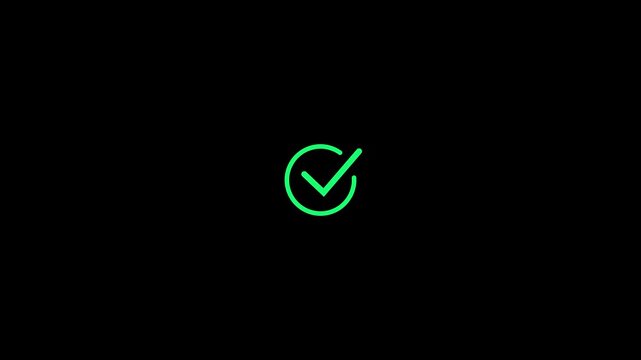 Green neon checkmark symbol glowing on a black background tick sign