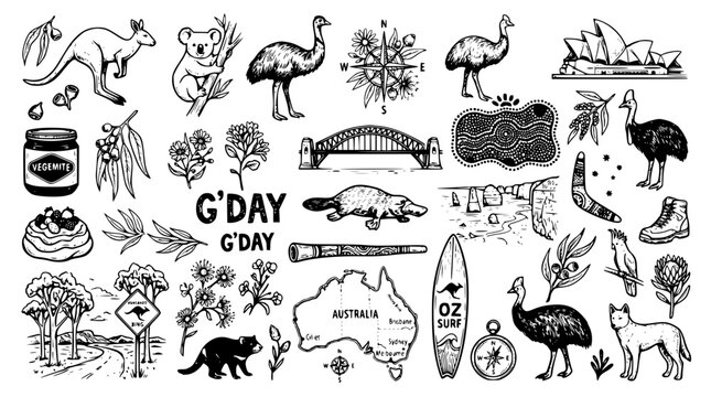 Hand drawn australian icons set, collection of symbols of australia