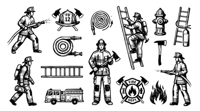 Set of firefighter icons and elements