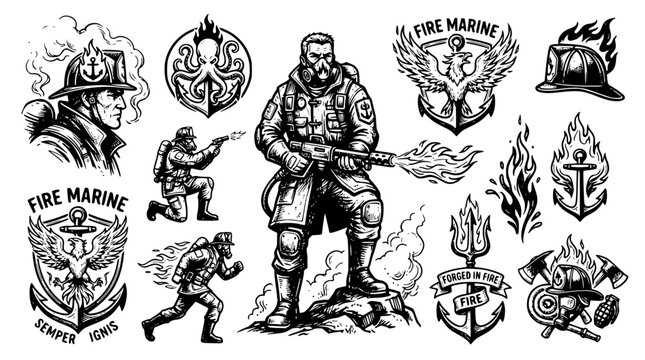 Fire marine firefighter tattoo and badge vector illustration