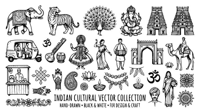Indian cultural vector collection with traditional symbols and elements