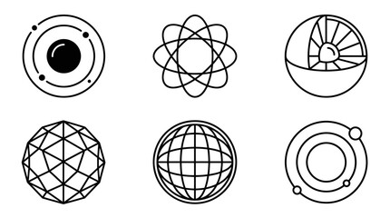 Abstract Geometric Icons: Atom, Globe, Sphere, Orbit, Science Symbols © BUDI