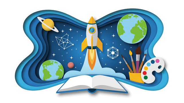 Creative education concept with open book rocket planets and artistic learning elements
