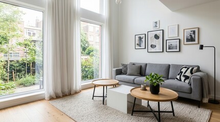Fototapeta premium Modern Living Room Design with Stylish Décor, Carpets, and Comfortable Sofas in interior of carpet