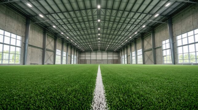 Modern indoor cricket pitch with artificial turf and bright overhead lights ideal