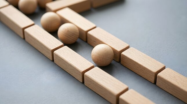 A structured journey of growth where wooden spheres navigate through a guided corridor of progress