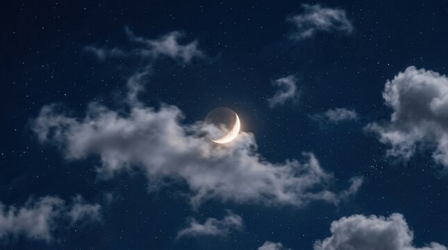 Moonlit Night Sky with Bright Moon and Clouds above Starry Background. picture