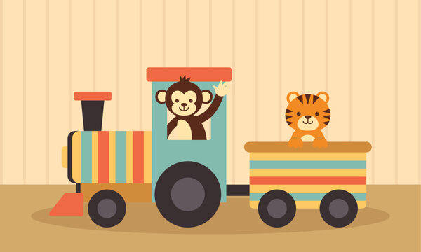 Monkey and tiger cub with locomotive vector illustration