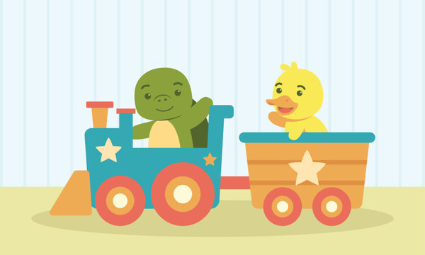 Turtle and duck with locomotive vector illustration